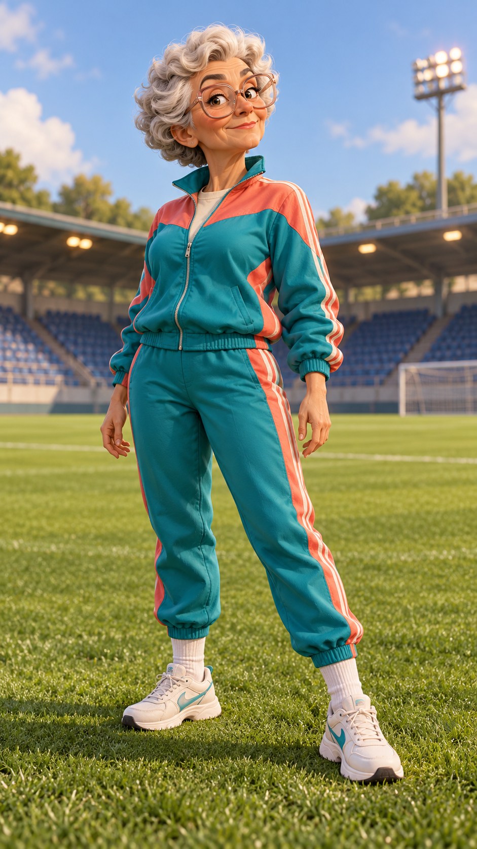 Original animated adult character in a teal and coral tracksuit on a football pitch.